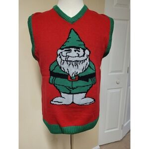 Ugly Christmas Sweater Vest Mens Sz L Red Gnome Knit Holiday Party Winner!